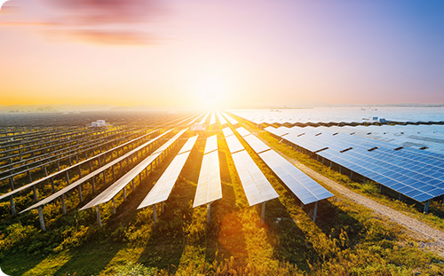 Solar Panels auf grüner Wiese mit traumhaftem Sonnenuntergang