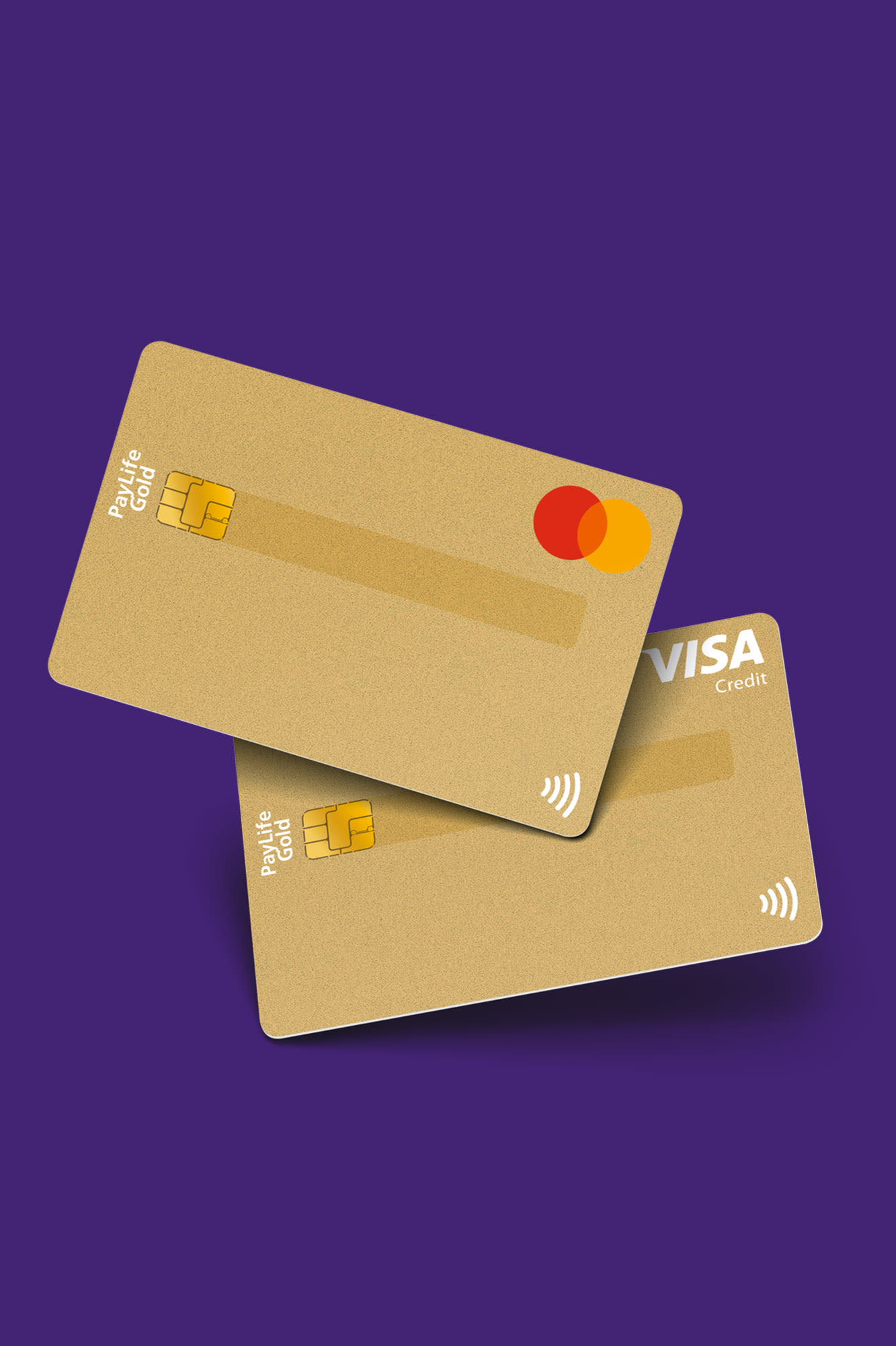 Zwei goldene Kreditkarten vor lila Hintergrund.