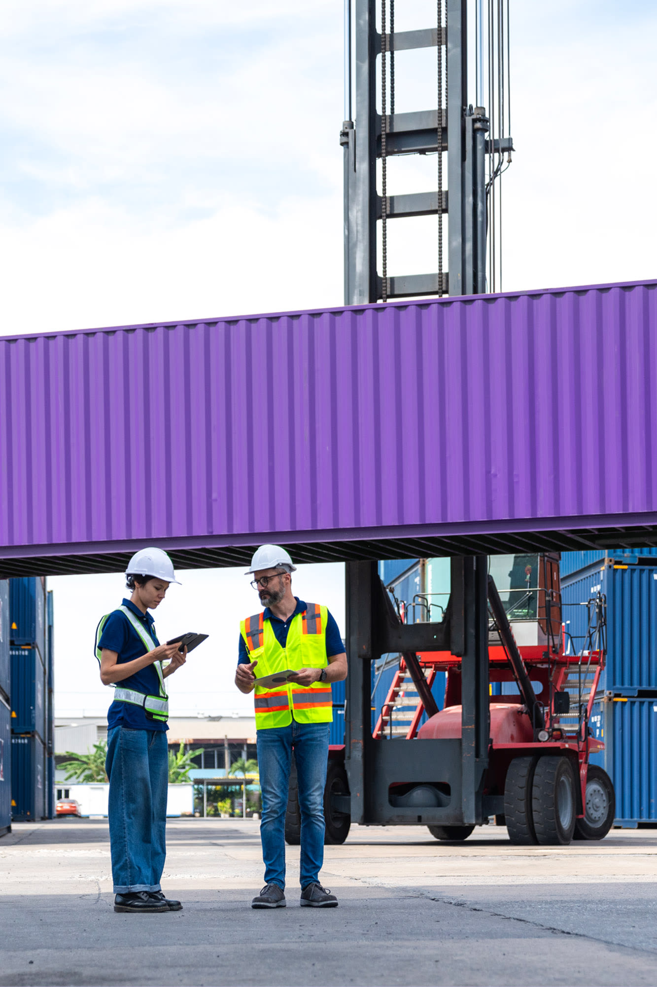 Lila Container am Hafen – Exportfinanzierung für internationale Geschäfte